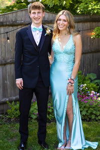 Blue Satin Mermaid V-Neck Lace-Up Lace Appliques Party Prom Dress