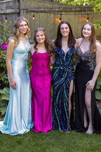 Blue Satin Mermaid V-Neck Lace-Up Lace Appliques Party Prom Dress
