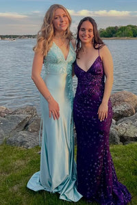 Blue Satin Mermaid V-Neck Lace-Up Lace Appliques Party Prom Dress