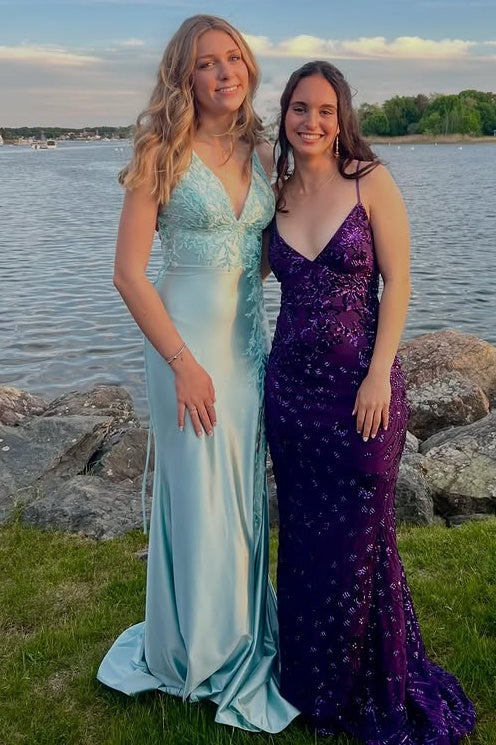 Blue Satin Mermaid V-Neck Lace-Up Lace Appliques Party Prom Dress