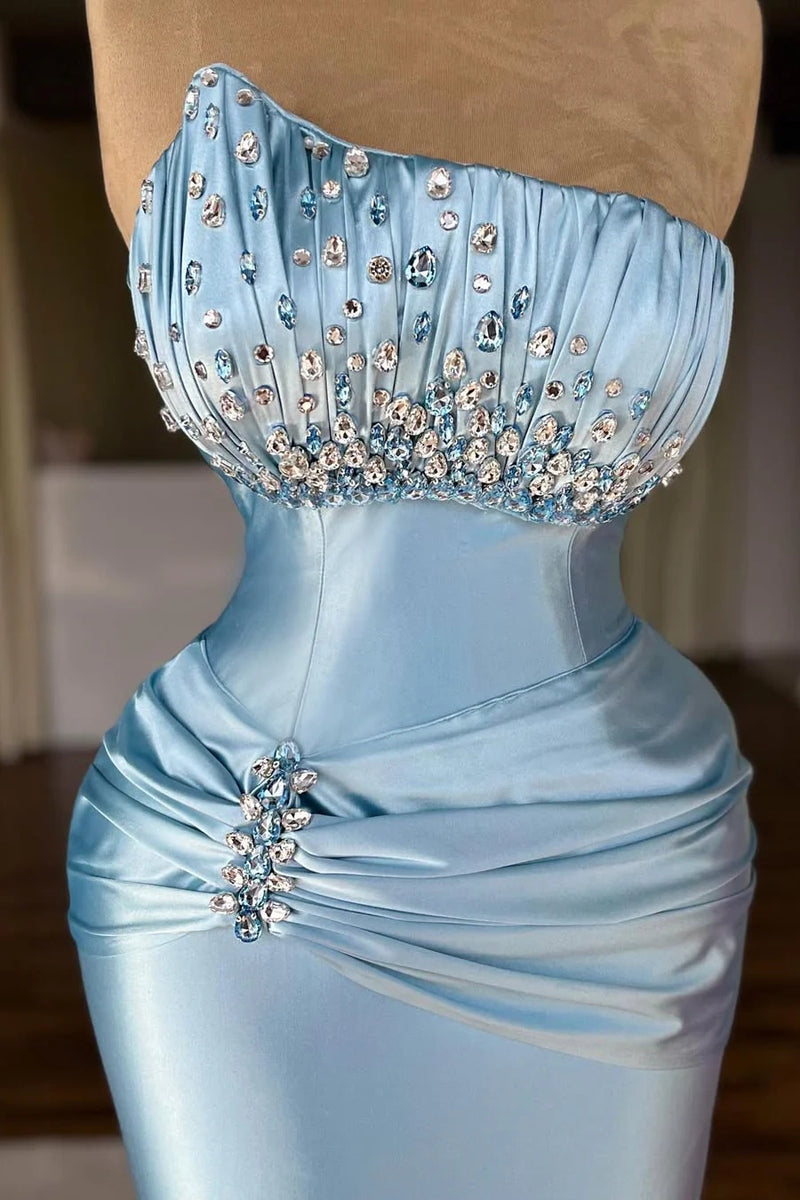 Blue Satin Sleeveless Empire Rhinestone Party Prom Dress