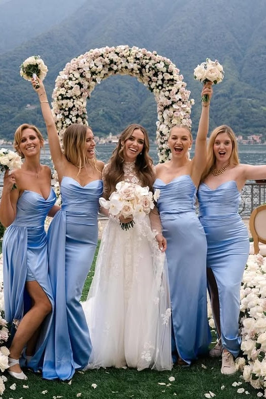 Blue Satin Strapless Empire Mermaid Bridesmaid Dress With Slit