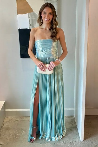 Blue Satin Strapless Pleated Empire A-Line Party Prom Dress