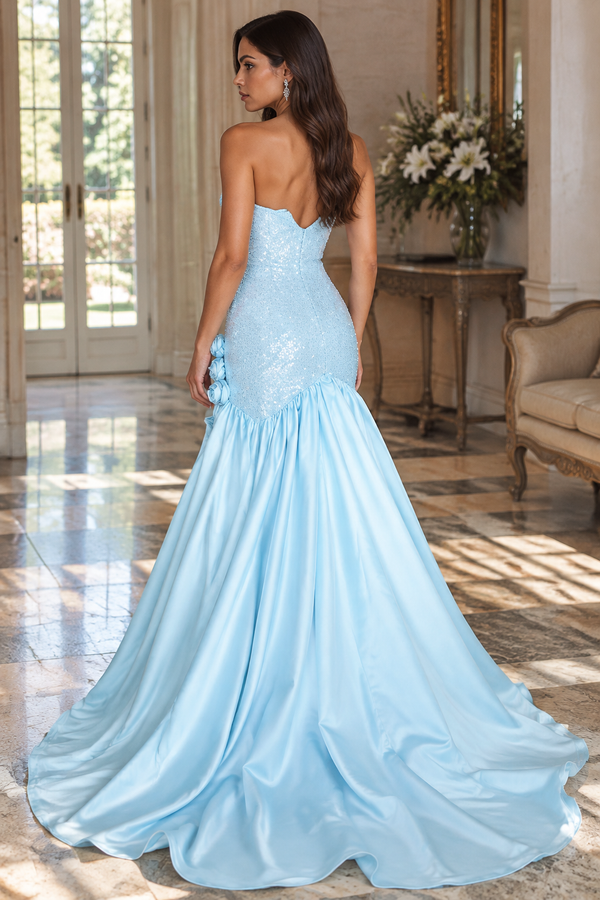 Blue Sequin And Satin Sweetheart Strapless A-Line Party Prom Dress