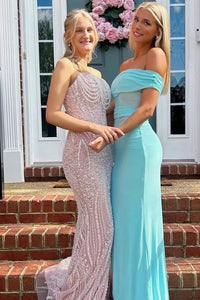 Blue Sheath Off-Shoulder Sleeveless Satin Party Prom Dress