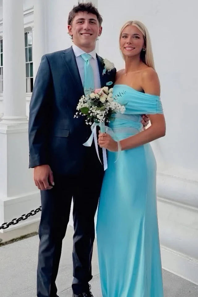 Blue Sheath Off-Shoulder Sleeveless Satin Party Prom Dress