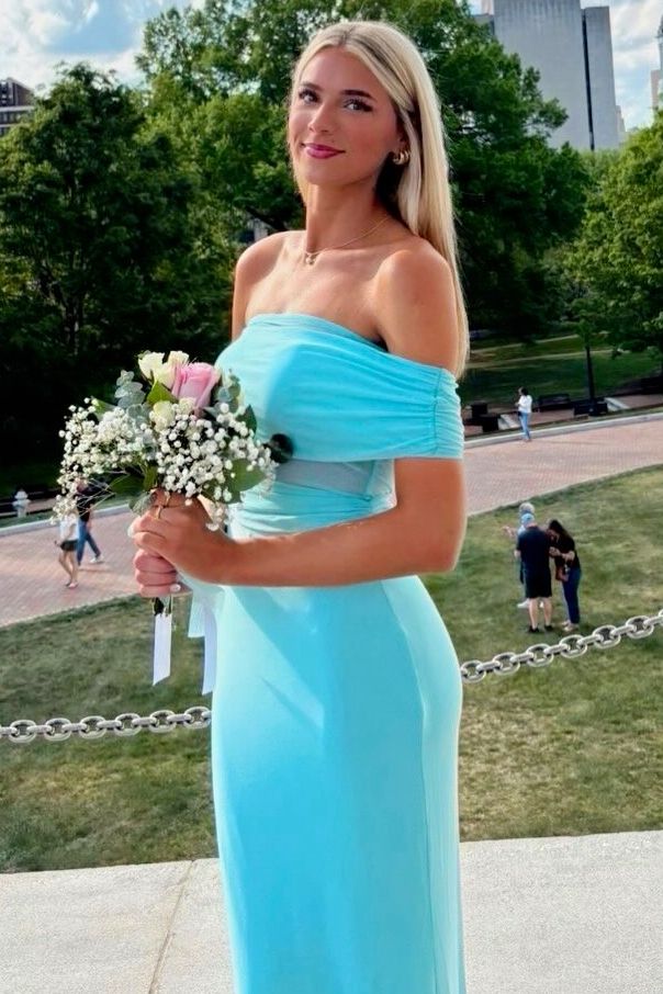 Blue Sheath Off-Shoulder Sleeveless Satin Party Prom Dress