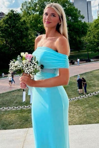 Blue Sheath Off-Shoulder Sleeveless Satin Party Prom Dress