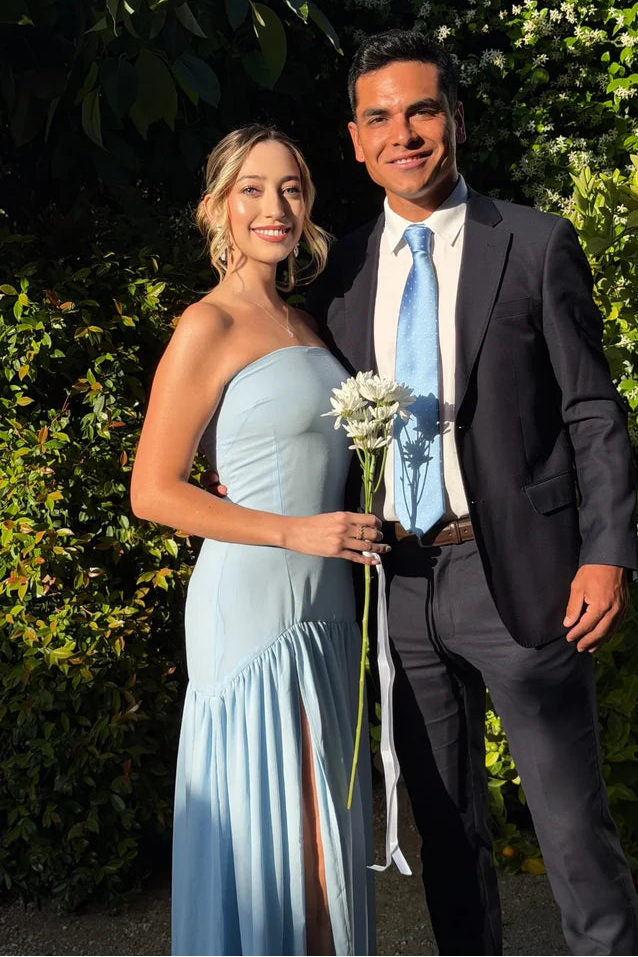 Blue Strapless Satin A-Line Party Prom Dress With Leg Slit