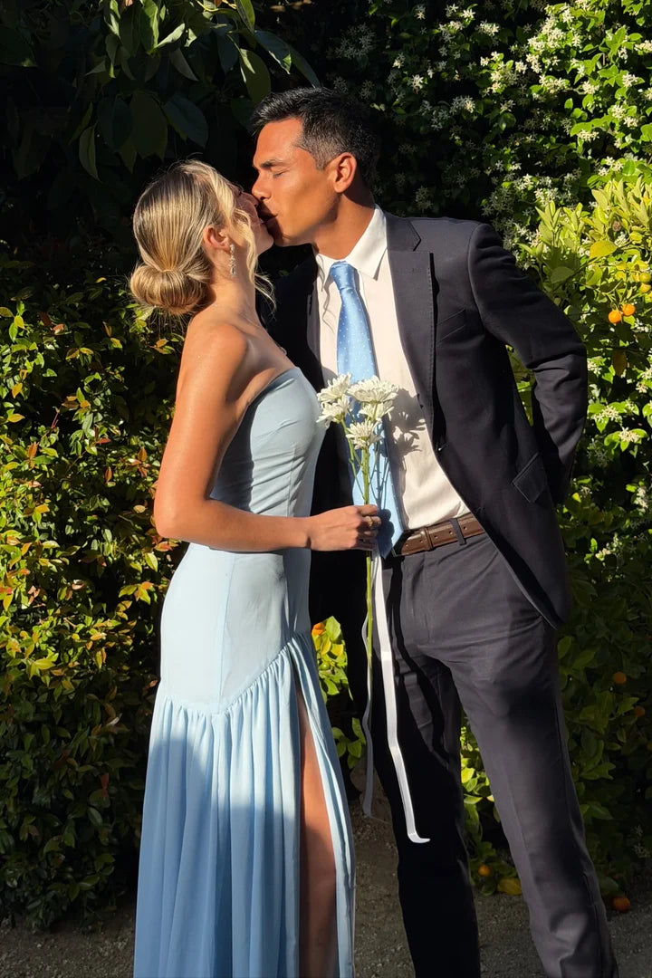 Blue Strapless Satin A-Line Party Prom Dress With Leg Slit