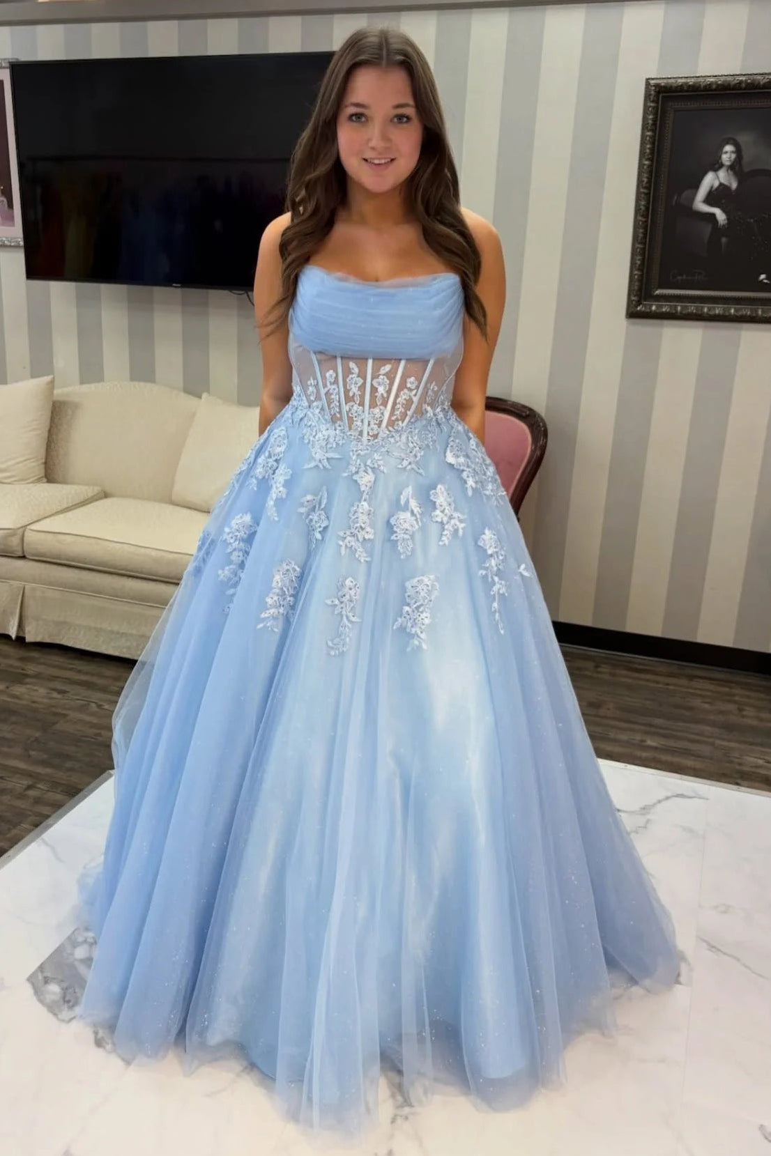 Blue Strapless Tulle A-Line Lace Appliques Party Prom Dress