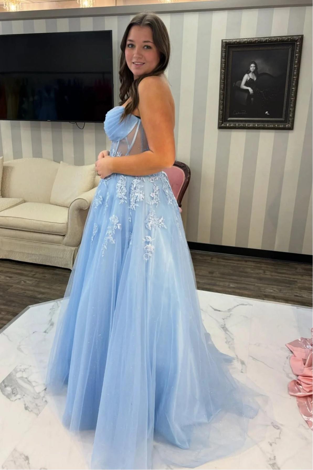 Blue Strapless Tulle A-Line Lace Appliques Party Prom Dress