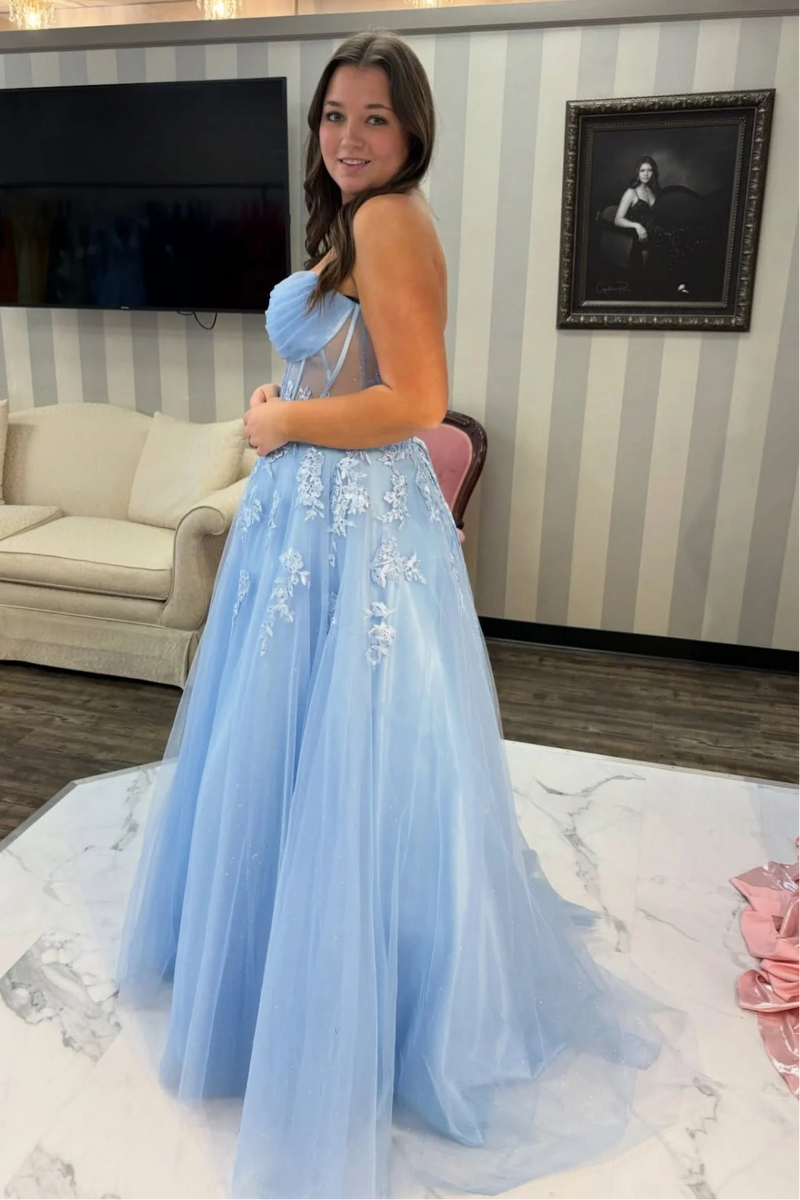 Blue Strapless Tulle A-Line Lace Appliques Party Prom Dress
