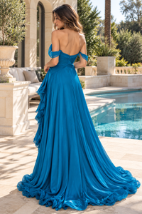 Blue Sweetheart Ruffle Off-Shoulder Empire A-Line Split Party Prom Dress