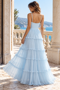 Blue Sweetheart Sleeveless Chiffon A-Line Ruffle Party Prom Dress