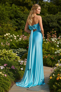 Blue Sweetheart Strapless High Waist Satin Prom Evening Dress