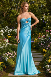 Blue Sweetheart Strapless High Waist Satin Prom Evening Dress