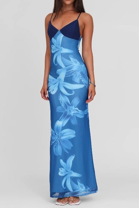 Blue V-Neck Spaghetti Straps Fitted Floral Party Evening Dress