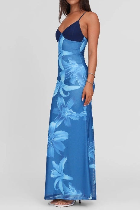 Blue V-Neck Spaghetti Straps Fitted Floral Party Evening Dress