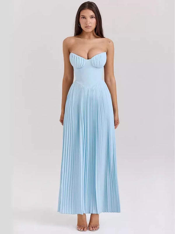 Blue V-Neck Strapless Empire A-Line Pleated Evening Prom Dress