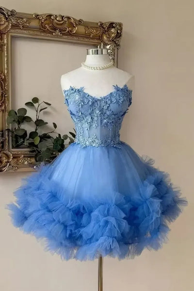 Blue V-Neck Strapless Lace Appliques Tulle A-Line Homecoming Dress
