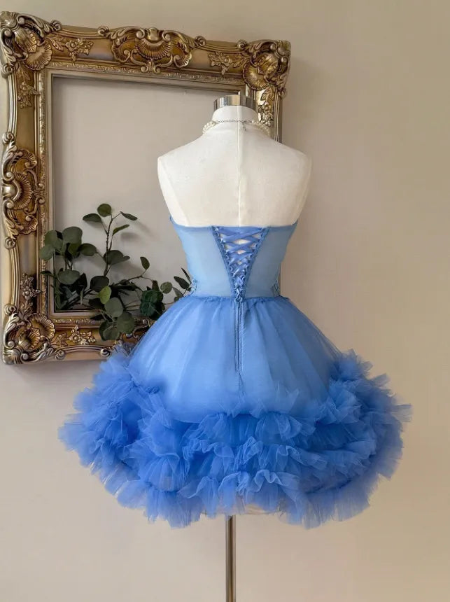 Blue V-Neck Strapless Lace Appliques Tulle A-Line Homecoming Dress