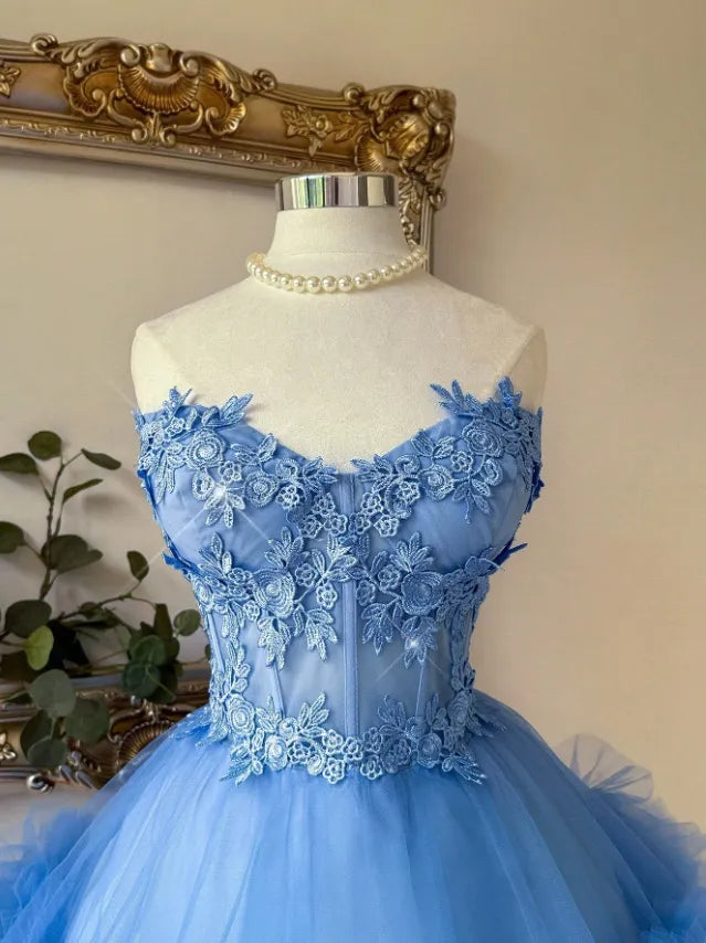 Blue V-Neck Strapless Lace Appliques Tulle A-Line Homecoming Dress