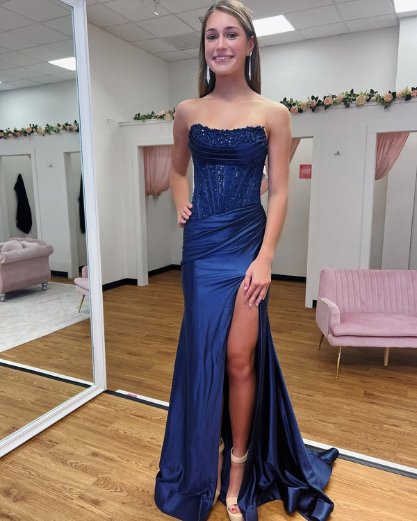 Fuchsia Strapless Applique Mermaid Prom Dress with Slit