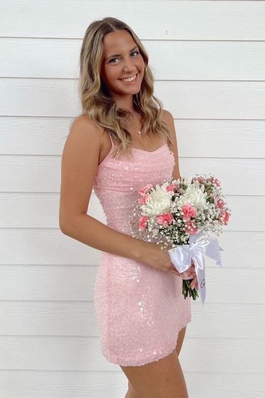 Boat Spaghetti Straps Pink Sequin Mini Party Homecoming Dress