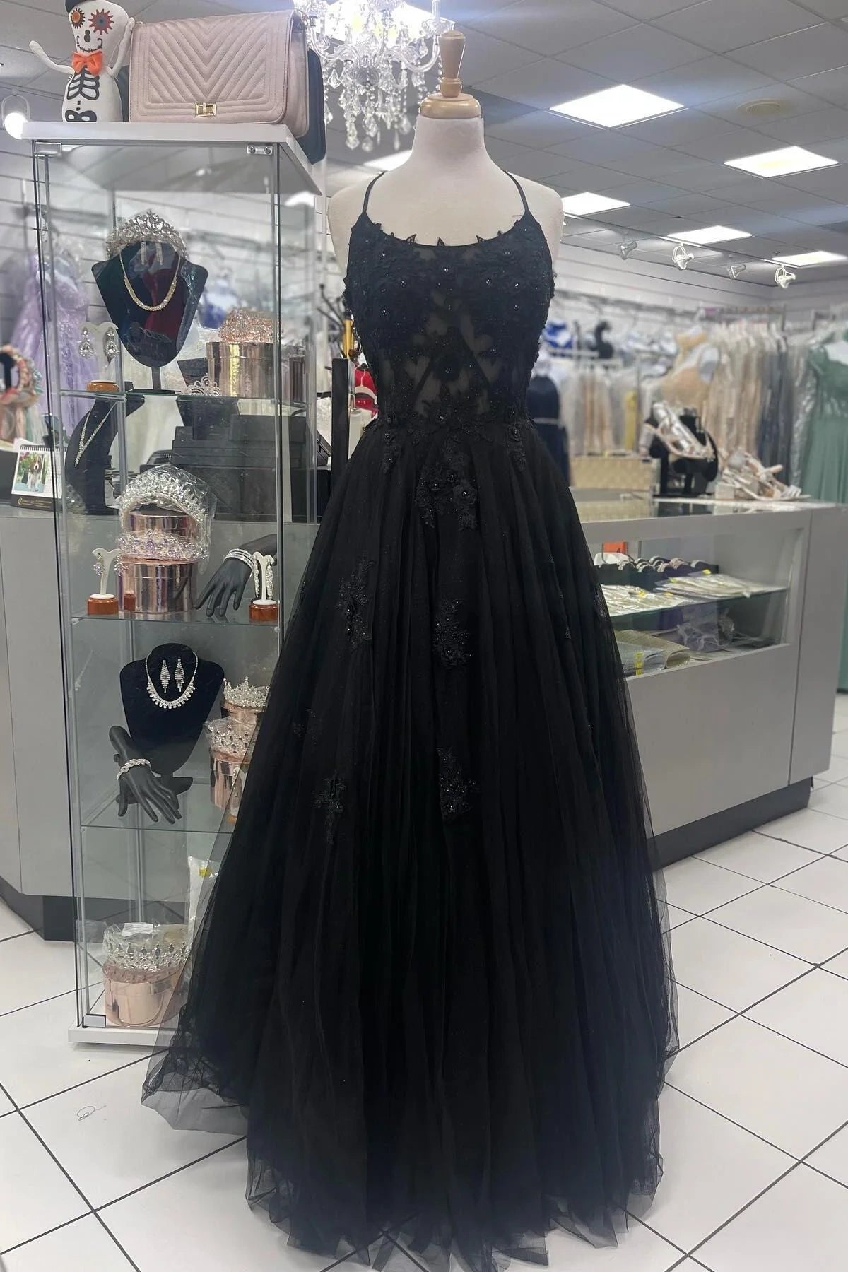 Boat Spaghetti Straps Tulle A-Line Lace Appliques Party Prom Dress