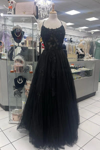 Boat Spaghetti Straps Tulle A-Line Lace Appliques Party Prom Dress