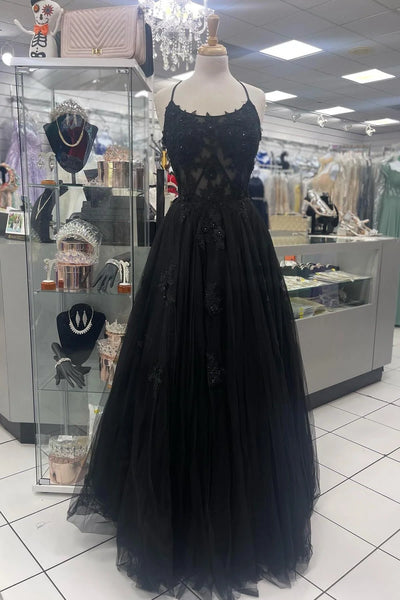 Boat Spaghetti Straps Tulle A-Line Lace Appliques Party Prom Dress