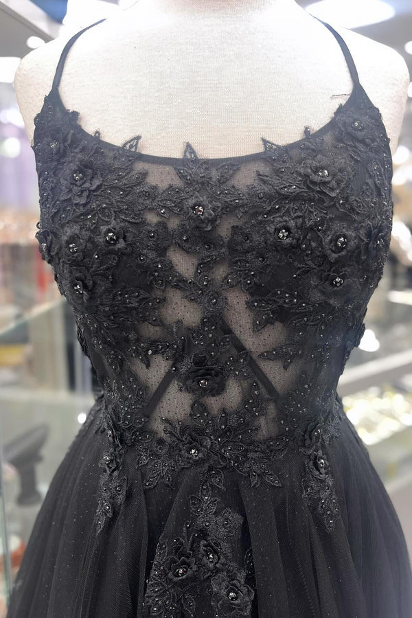Boat Spaghetti Straps Tulle A-Line Lace Appliques Party Prom Dress