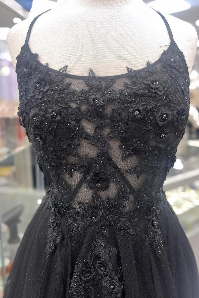 Boat Spaghetti Straps Tulle A-Line Lace Appliques Party Prom Dress