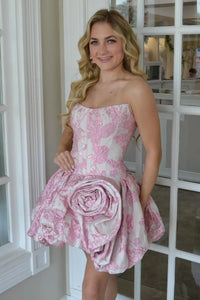 Boat Strapless A-Line Satin Floral Print Party Homecoming Dress