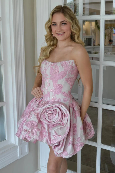 Boat Strapless A-Line Satin Floral Print Party Homecoming Dress
