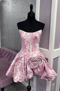 Boat Strapless A-Line Satin Floral Print Party Homecoming Dress