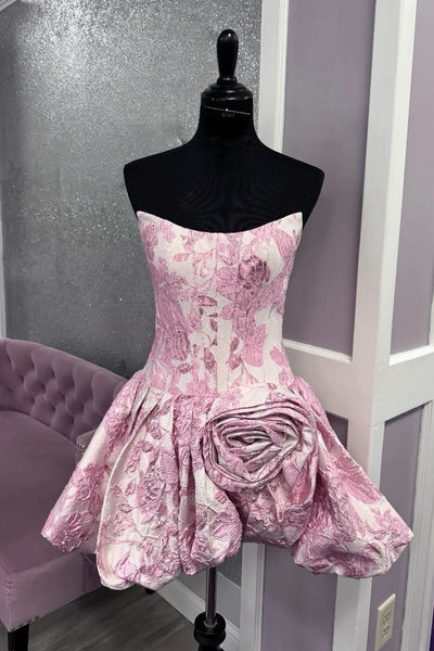 Boat Strapless A-Line Satin Floral Print Party Homecoming Dress