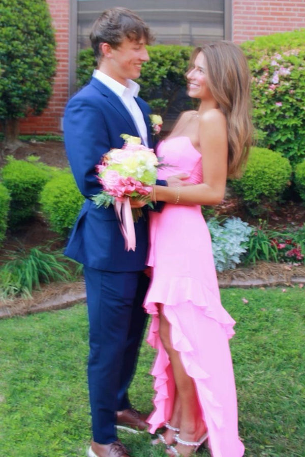 Boat Strapless Chiffon A-Line Party Prom Dress With Ruffle Slit