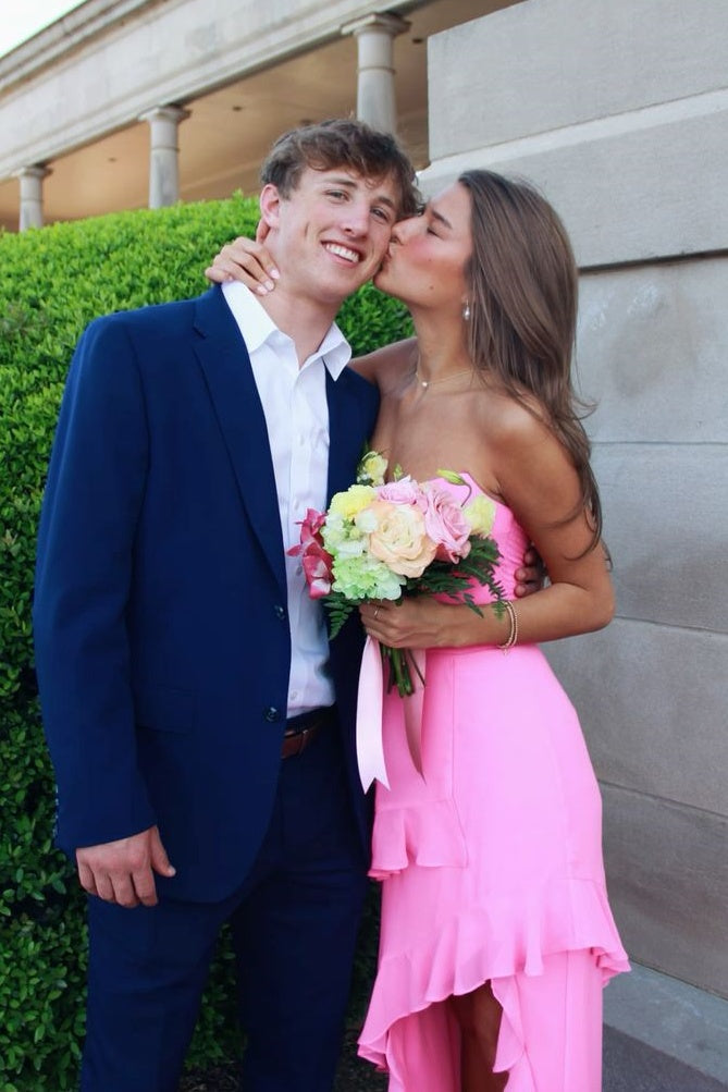 Boat Strapless Chiffon A-Line Party Prom Dress With Ruffle Slit