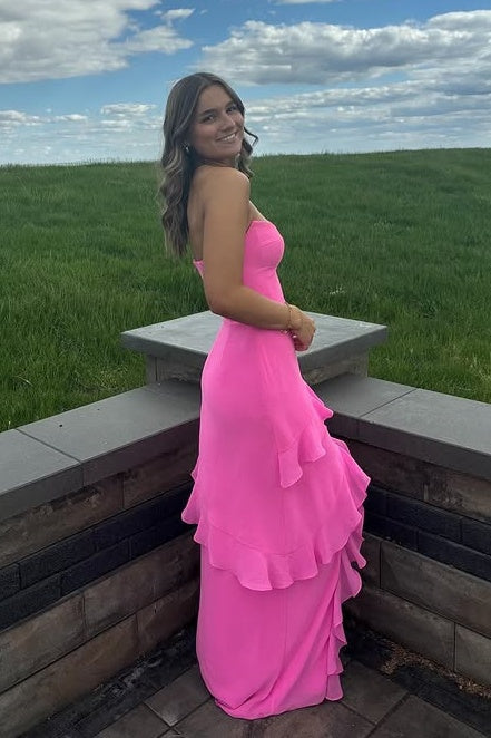 Boat Strapless Chiffon A-Line Party Prom Dress With Ruffle Slit