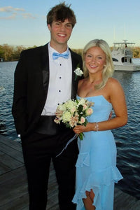 Boat Strapless Chiffon A-Line Ruffle Split Party Prom Dress
