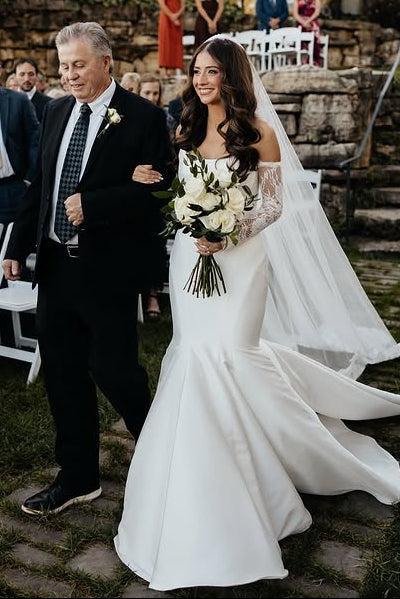 Boat Strapless Empire Trumpet Satin Wedding Dress With Train