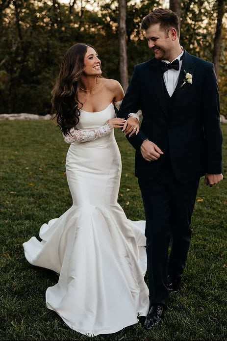 Boat Strapless Empire Trumpet Satin Wedding Dress With Train
