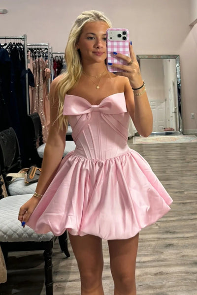 Bow Strapless A-Line Satin Empire Short Party Homecoming Dress
