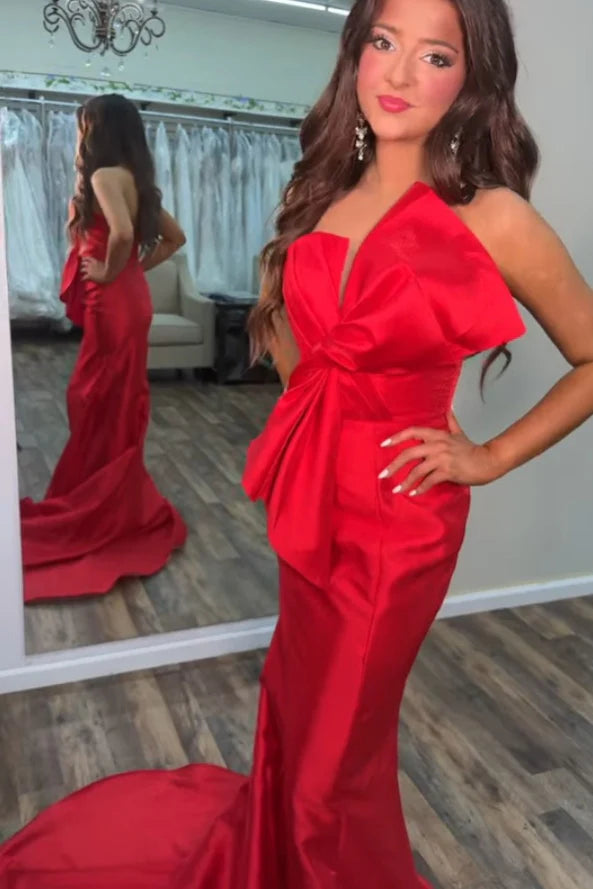 Bow Strapless Satin Empire Mermaid Party Prom Dress With Train