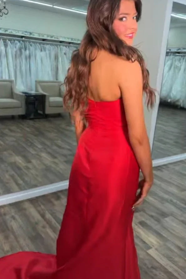 Bow Strapless Satin Empire Mermaid Party Prom Dress With Train