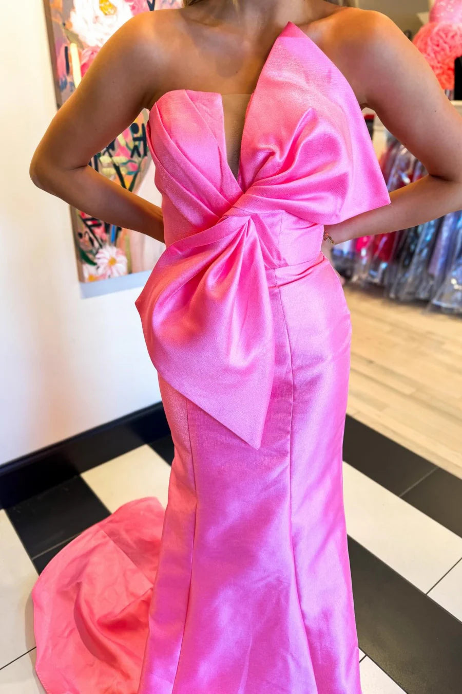 Bow Strapless Satin Empire Mermaid Party Prom Dress With Train