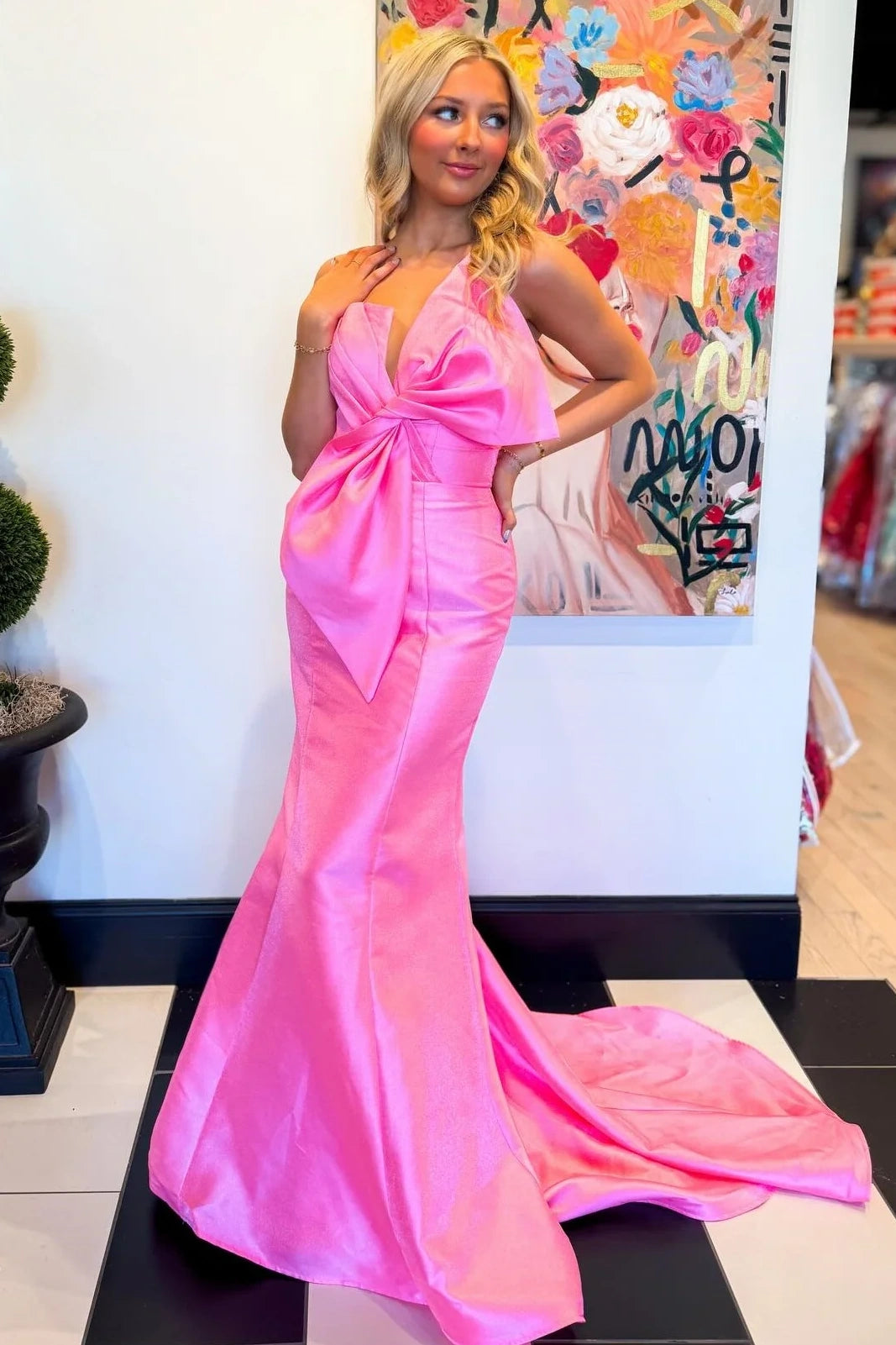 Bow Strapless Satin Empire Mermaid Party Prom Dress With Train
