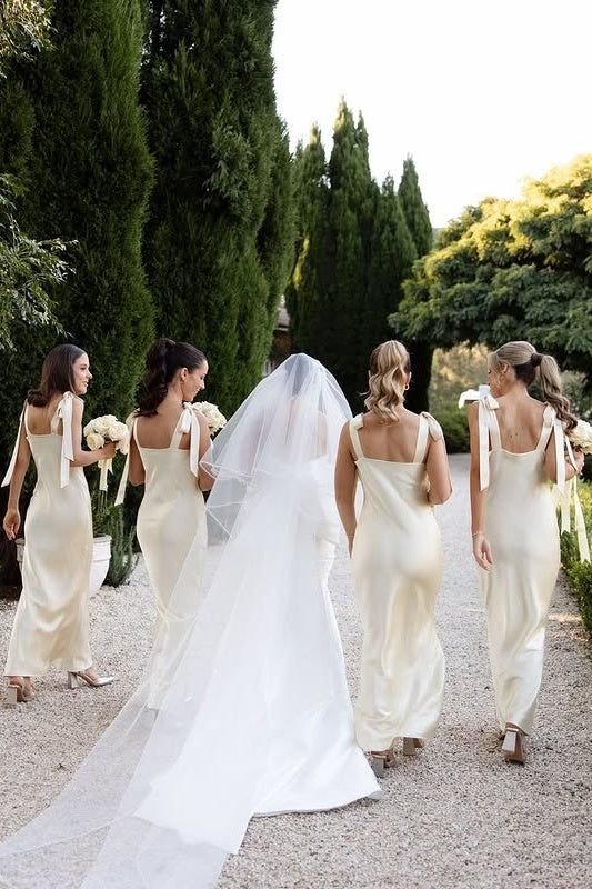 Bow Straps Sleeveless Empire Mermaid Satin Bridesmaid Dress